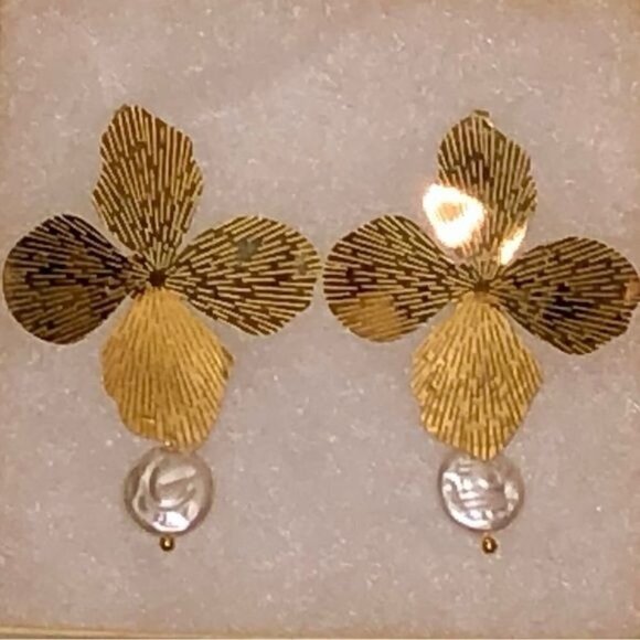 Stainless Steel Gold Tone Pearl Embellished Earrings - Picture 2 of 4